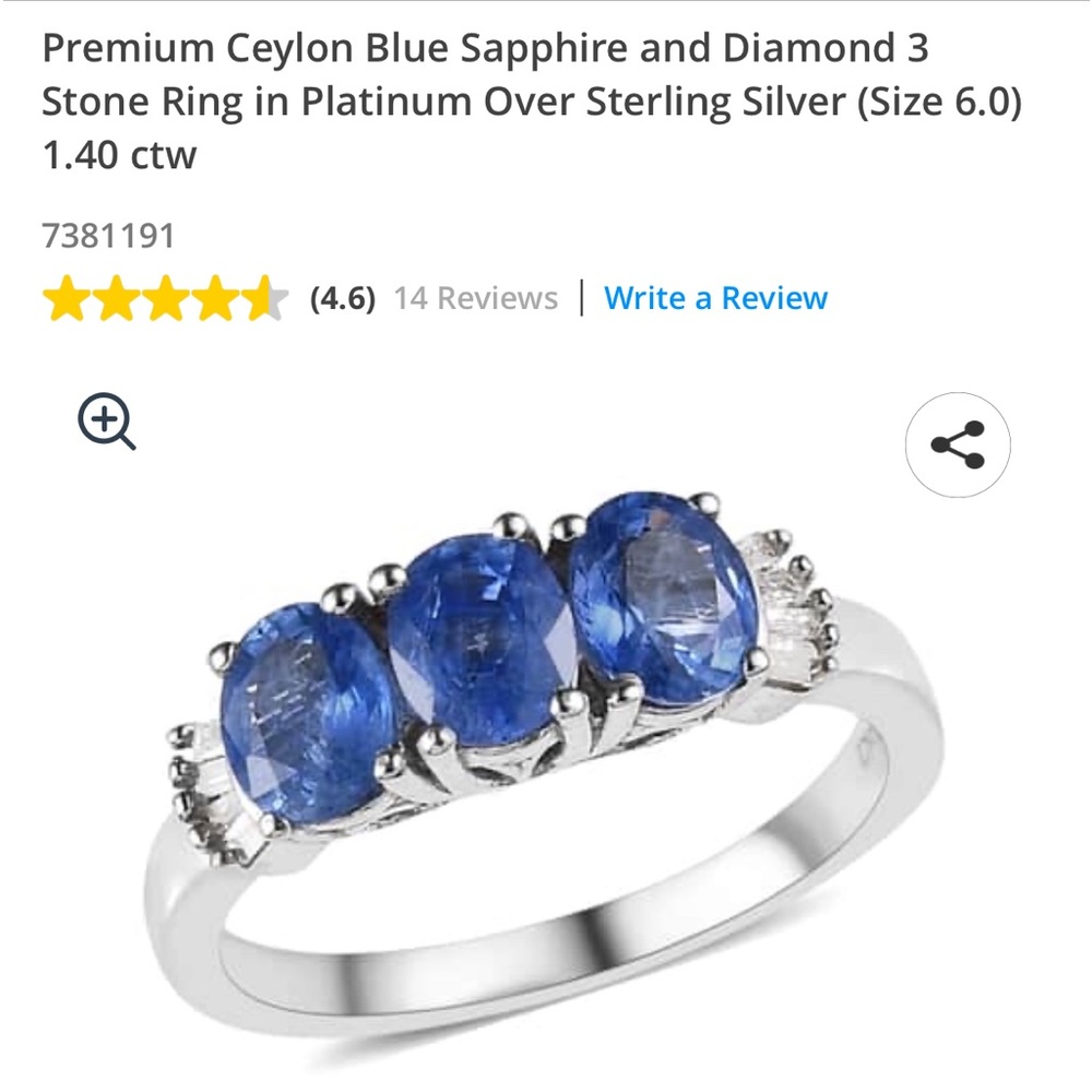 PREMIUM CELON BLUE SAPPHIRE AND DIAMOND RING PLATINUM OVER SILVER (SZ6) 1.4 CTW